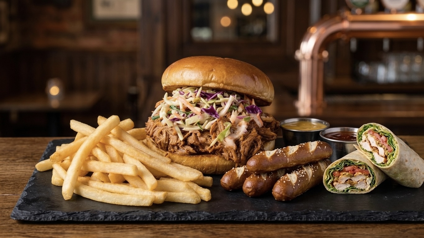 Pulled pork sandwich with coleslaw, fries, pretzels, and fresh wraps on a slate platter