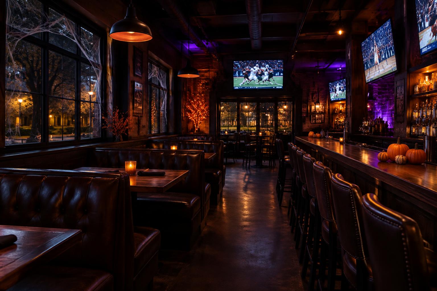 Sports pub interior with subtle halloween decorations