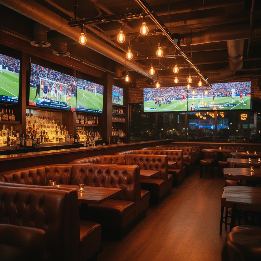 Upscale sports bar interior with warm wood tones, leather booths, and flat-screen TVs playing sports